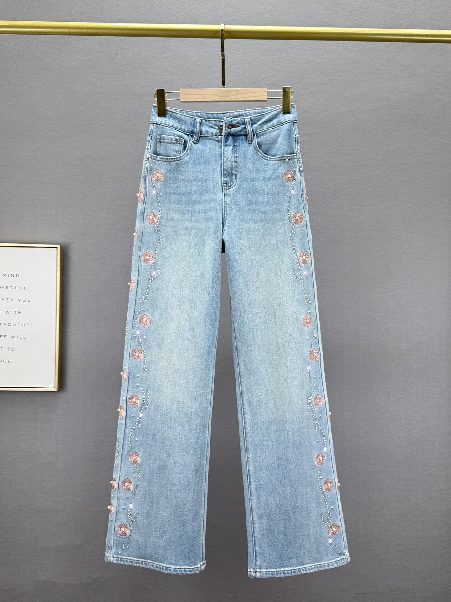 

Женские джинсы прямого кроя с вышивкой в стиле ретро, с высокой талией, эластичные, утягивающие, удлиненные, из хлопкового денима