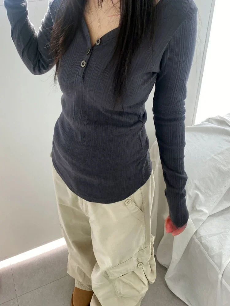 

Autumn Y2k Aesthetic Vintage Solid Tees Streetwear Half Open Collar Casual Tshirts Women Harajuku Grunge Bottoming Tops