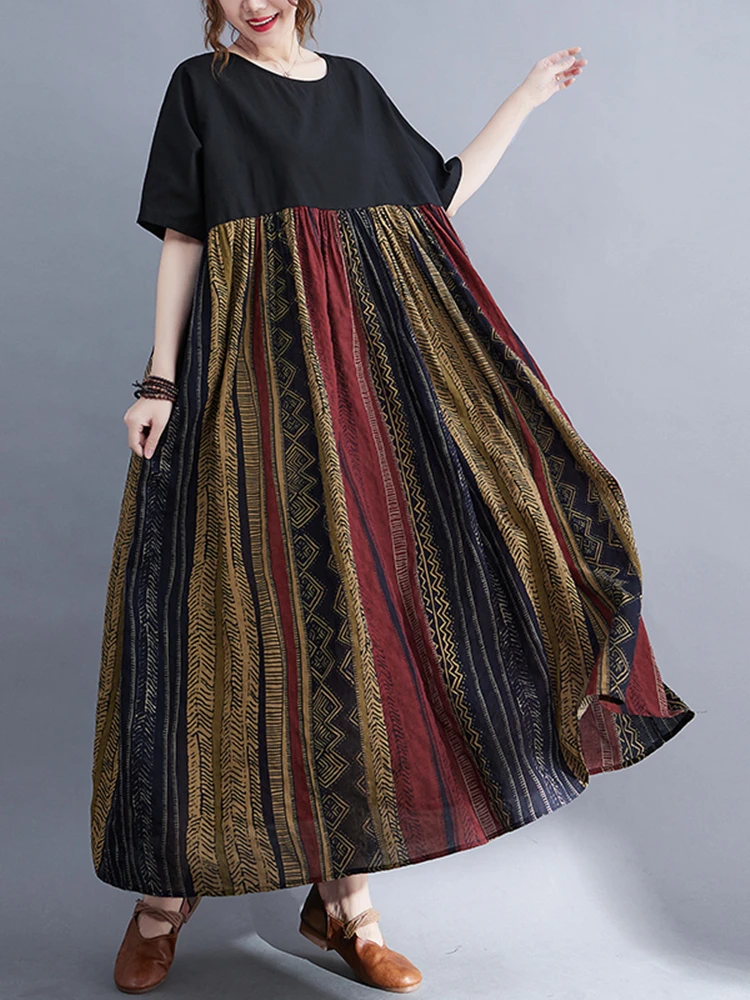 Patchwork Vintage Striped Dresses For Women New Short Sleeve Cotton Loose Casual Long Summer Dress Robe Elegant Clothing 2025