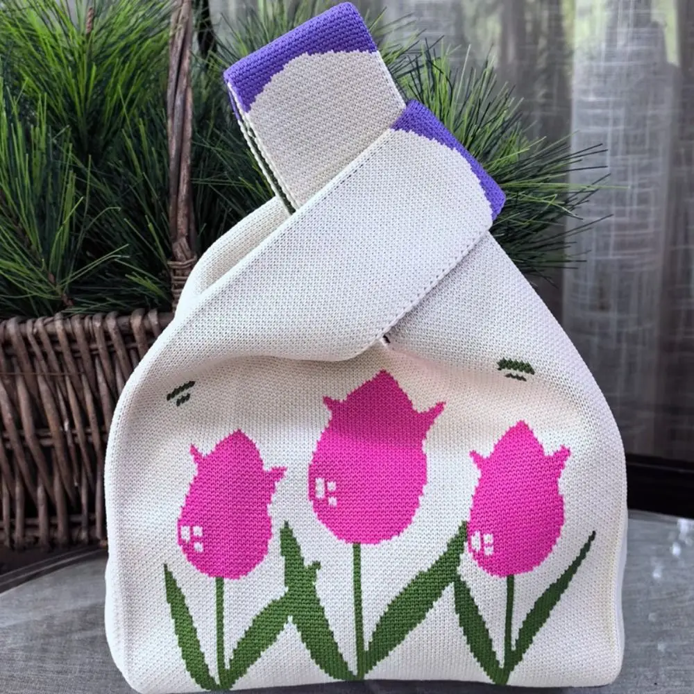 Flower Embroidery Knot Wrist Bag Fashion Large Capacity Handmade Tote Bag Knitted Handbag Women Girls