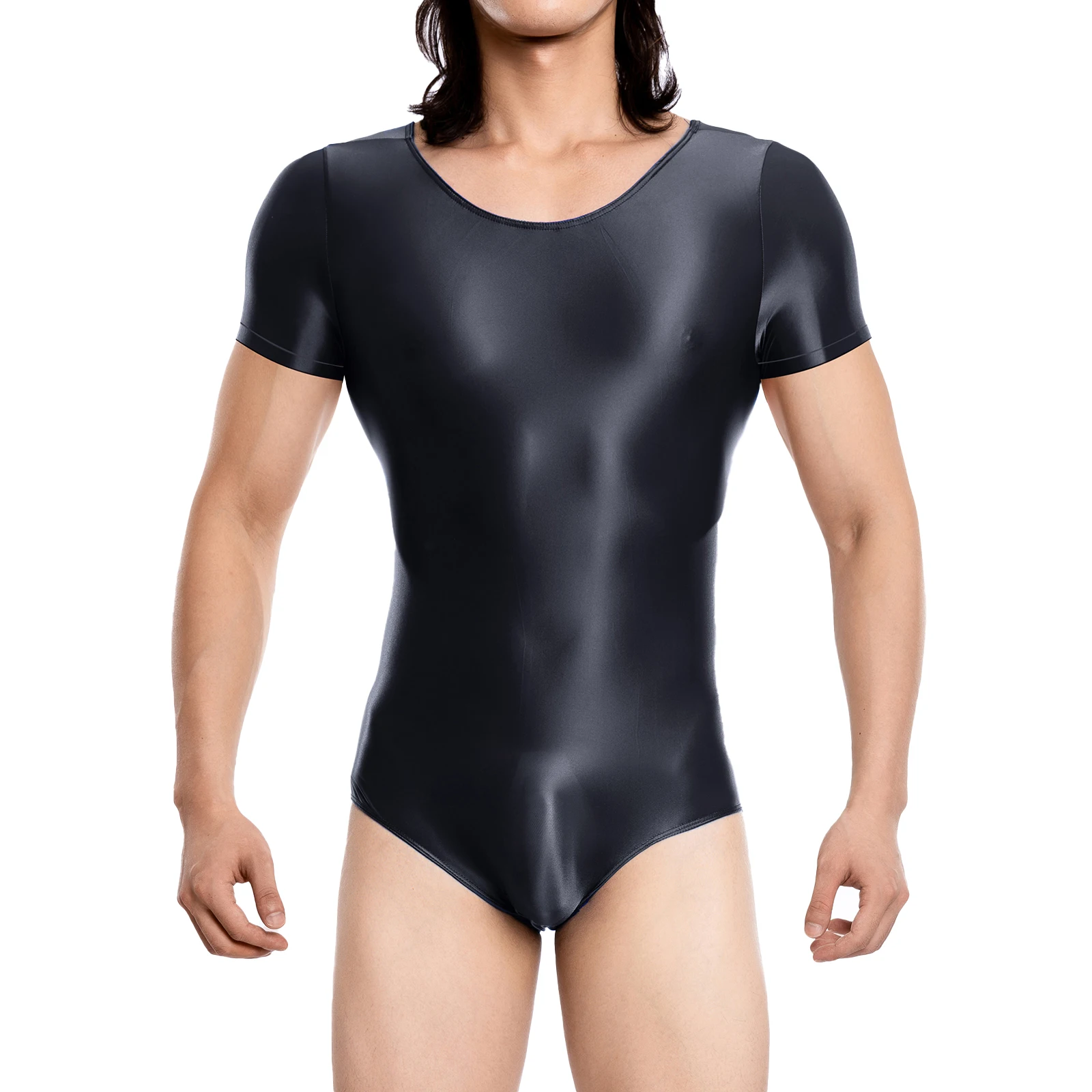 Heren korte mouw olie glanzende glanzende panty sexy bodysuit lingerie doorschijnende glanzende jumpsuit badmode rekbaar turnpakje kostuum