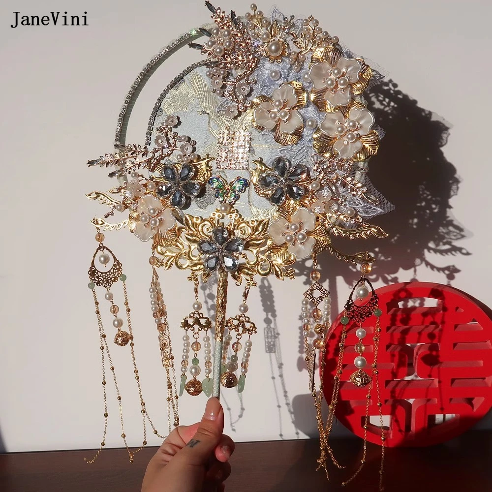 JaneVMini-Luxo Cristal Azul Chinês Buquês De Noiva, Fan Cover Face, Flores Artesanais, Metal Punho Longo, Acessórios Do Casamento