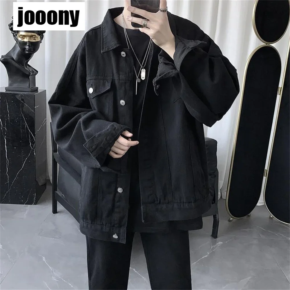 Men\'s Black Casual Workwear Jean Jacket Loose Casual Versatile Youthful Male Solid Color Tops Jacket Mens Fashion Denim Jackets