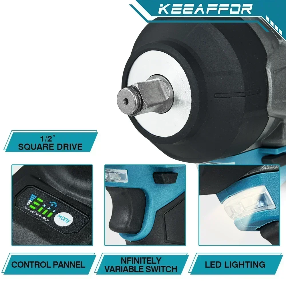 KEEAFFOR 2500W 2800N.M Llave de impacto eléctrica sin escobillas 3 engranajes 1/2 pulgadas herramienta inalámbrica destornillador eléctrico para