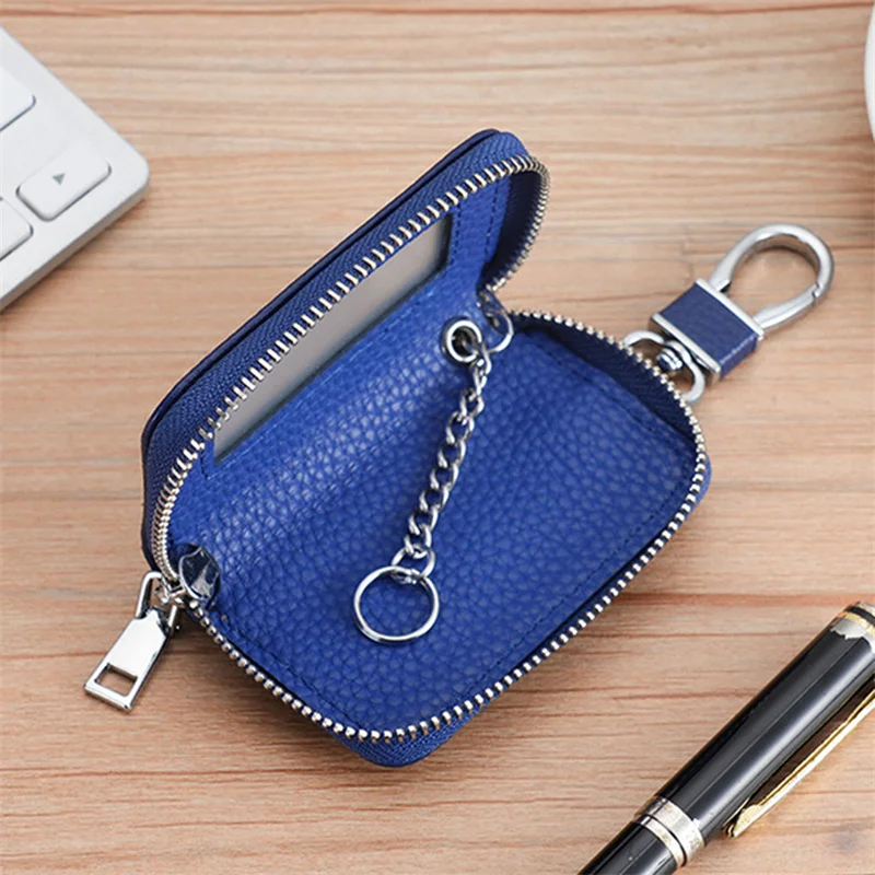 PU Leather Keychain Men Women Waterproof Lychee Patterned Car Key Bag Mirror Window Visible Car Remote Control Key Bag