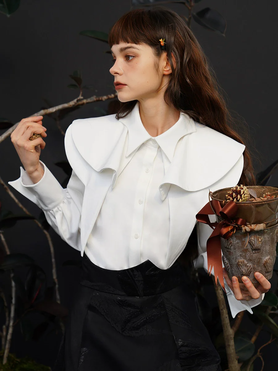 91-99cm Bust Spring Autumn Original Design Women Vintage All-match Detachable Cape White Shirts/Blouses