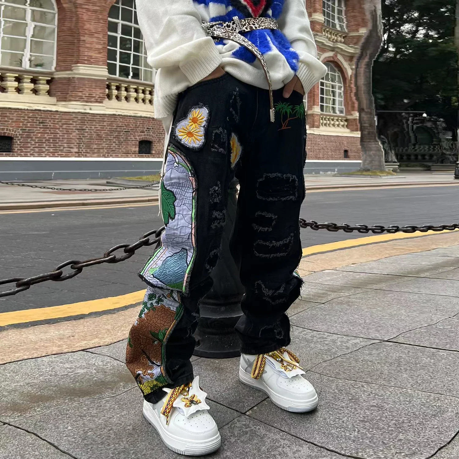 

Harajuku Fashion Embroidered Patches Straight Denim Pants Hip Hop Washed Torn Jeans Black Blue Patchwork Y2k Jeans Baggy Men