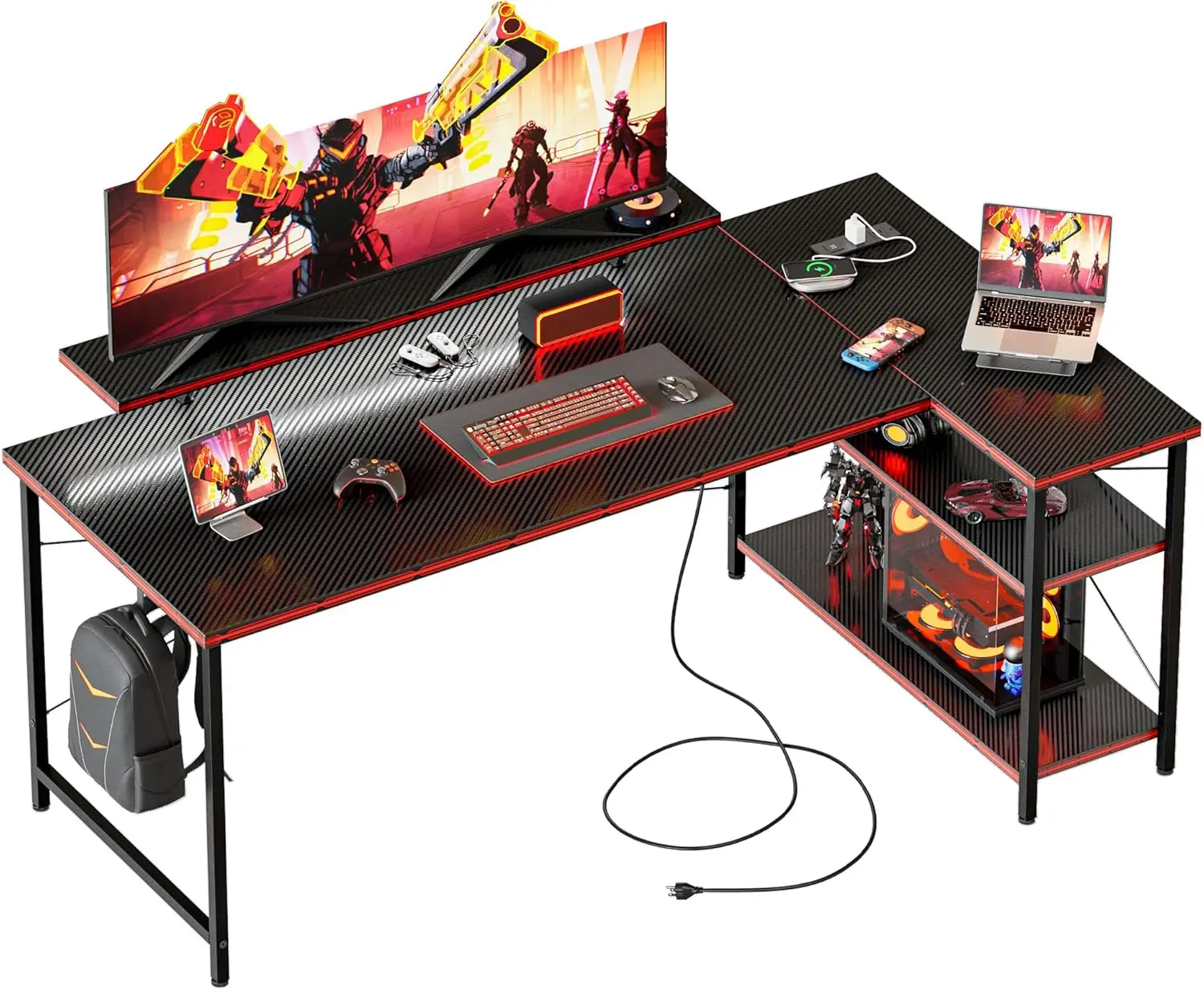 

Small L Shaped Computer Desk with Power Outlets, Reversible Gaming Desk with Storage Shelves