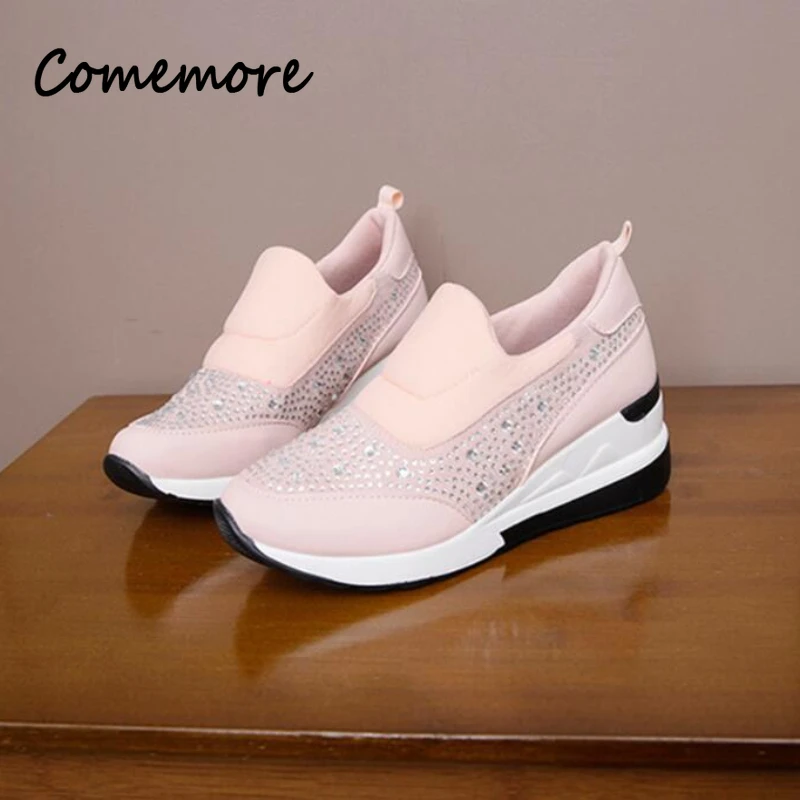 Sneakers Woman\'s High Black White Pink Sneakers for Women Outdoor Sports New Rhinestone Female Wedges Heel Sneaker Spring Autumn