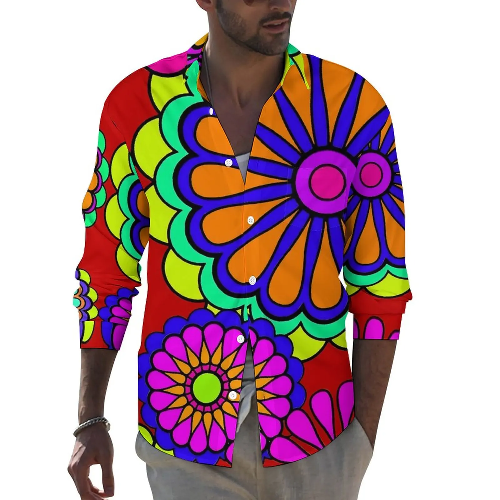 

Flower Power Casual Shirts Men Retro Hippy Flowers Shirt Long Sleeve Retro Streetwear Blouses Autumn Design Clothing Big Size