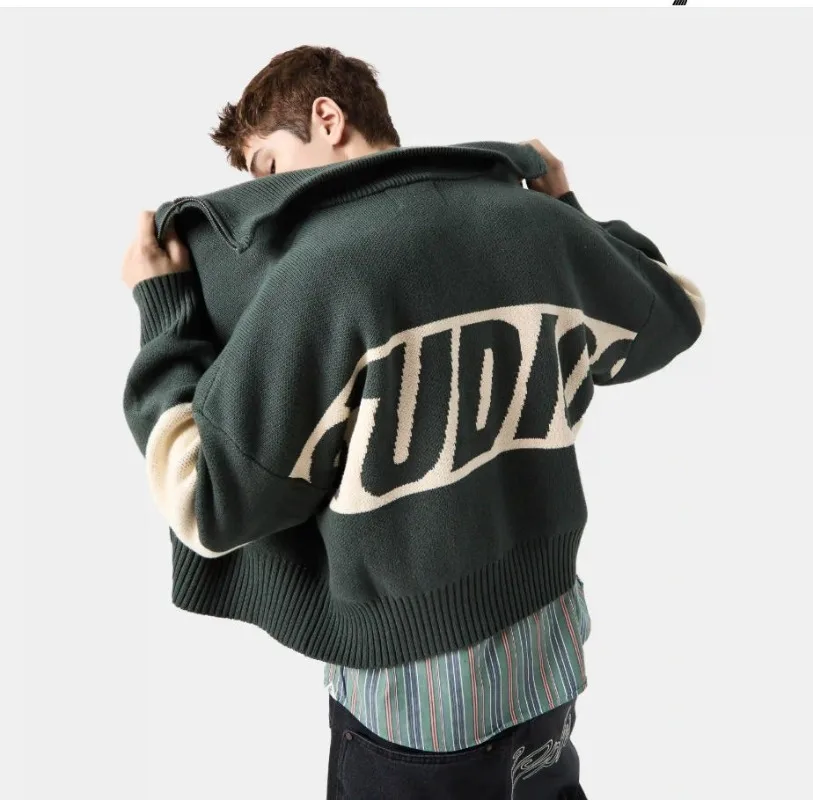 Kardigan Sweater Kasual Retro High Street Harajuku Wanita Trendy Hip-Hop Longgar Streetwear Bordir Huruf Atasan Lengan Panjang Pria