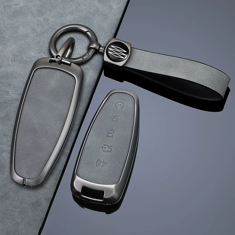 Zinc Alloy + Leather Car Key Case Cover for Ford Edge Explorer Escape Focus Taurus Flex Lincoln Navigator 5 Buttons Remote Key