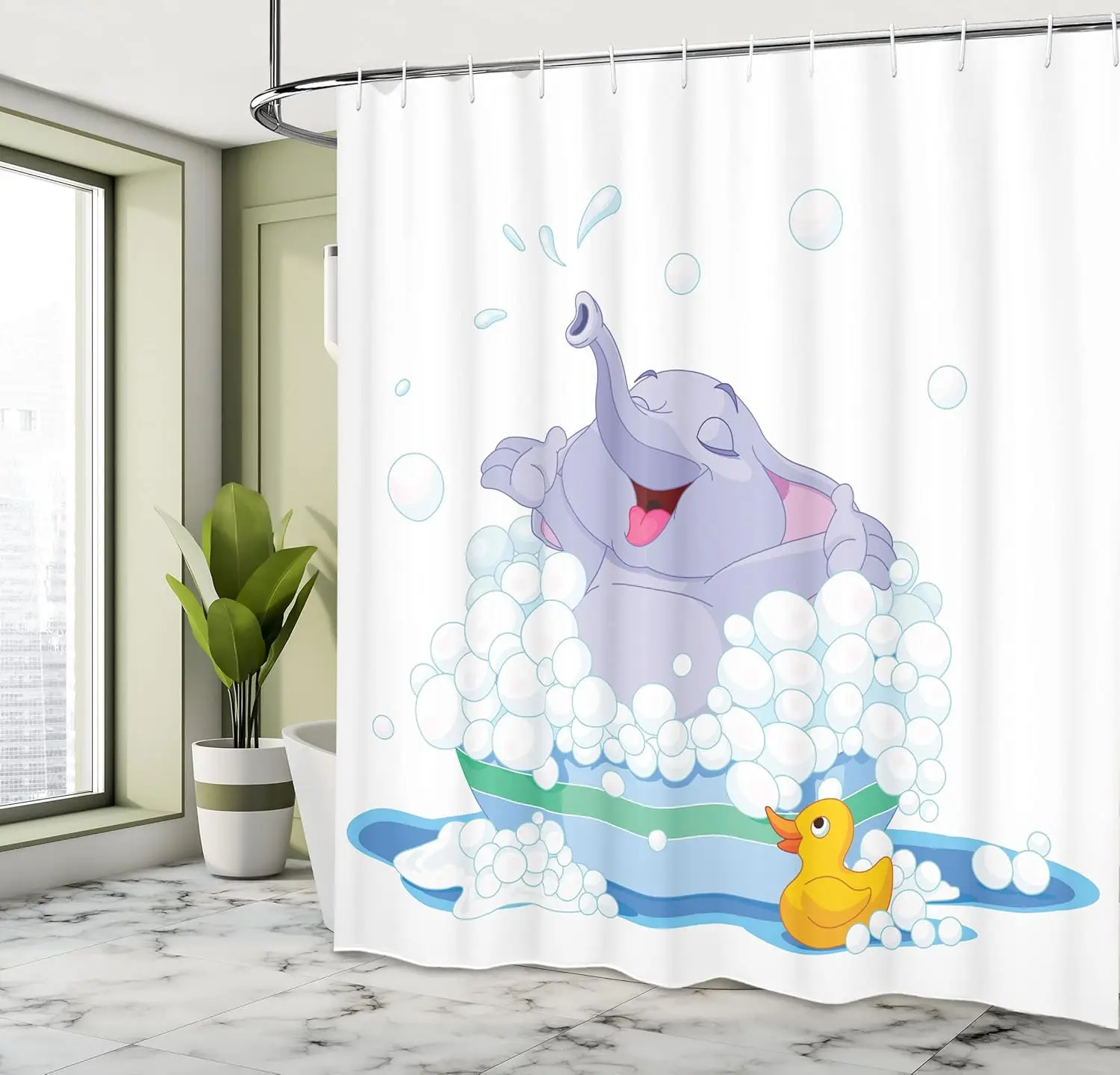 

Cartoon Elephant Shower Curtain with Hooks – Bubble Bath, Duck & Water Fun, Wild Animal Kids Theme, Multicolor Decor
