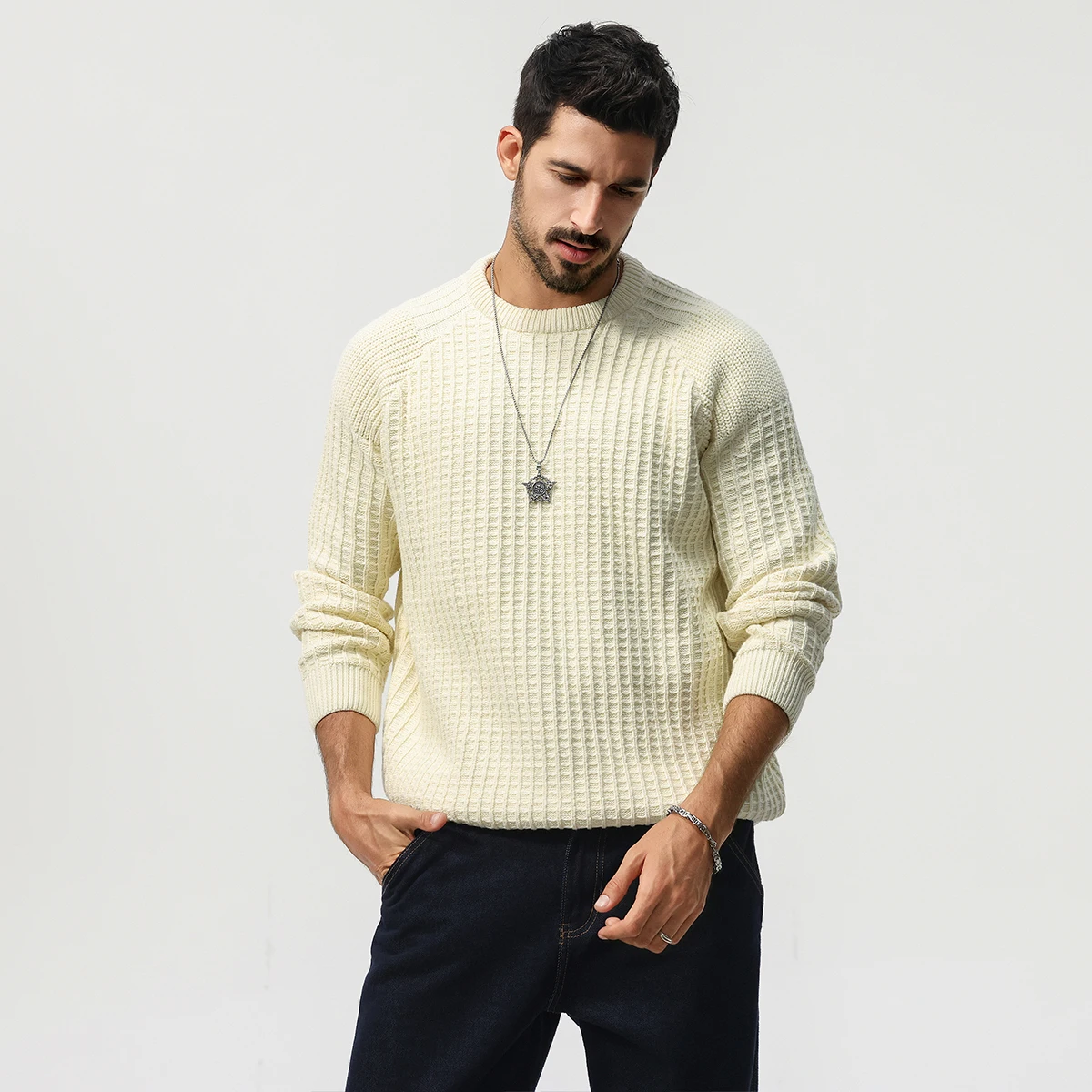 Retro American Style Waffle Knit Sweater - 2025 Autumn Winter Men's Loose Relaxed Fit Pullovers High Quality Plus Size 4XL