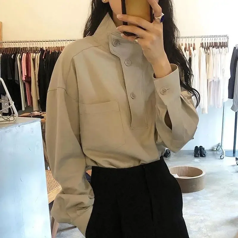 

GIDYQ Korean Chic Stand Collar Shirts Women Solid Casual Long Sleeve All Match Blouse Vintage Button Pocket Tops Spring New