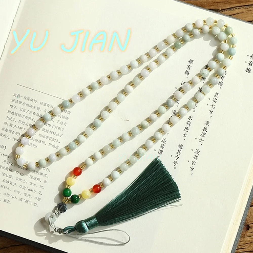 

Natural Jadeite A Sweater Chain Multi-use Beads Hand-beaded With Fine China Fortune Spike Pendant Jade Necklace Handheld Jewelry