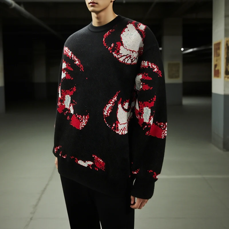 Halloween Gothic Eye Pattern Sweater Men's and Women's Extra Large Knitted Hoodie Harajuku Street Wear Y2K Aesthetic Top