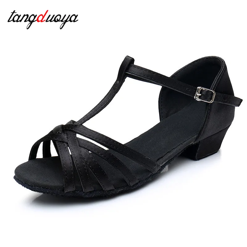 Zapatos de baile latino para niñas, sandalias con punta abierta, tacón bajo, zapatos de equipo escolar para niños