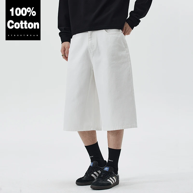 100% Baumwolle Weiße Shorts Jeans Baggy Weites Bein Wadenlange Klassische Gewaschene Denim-Hose Locker Lässig Streetwear Hochwertig