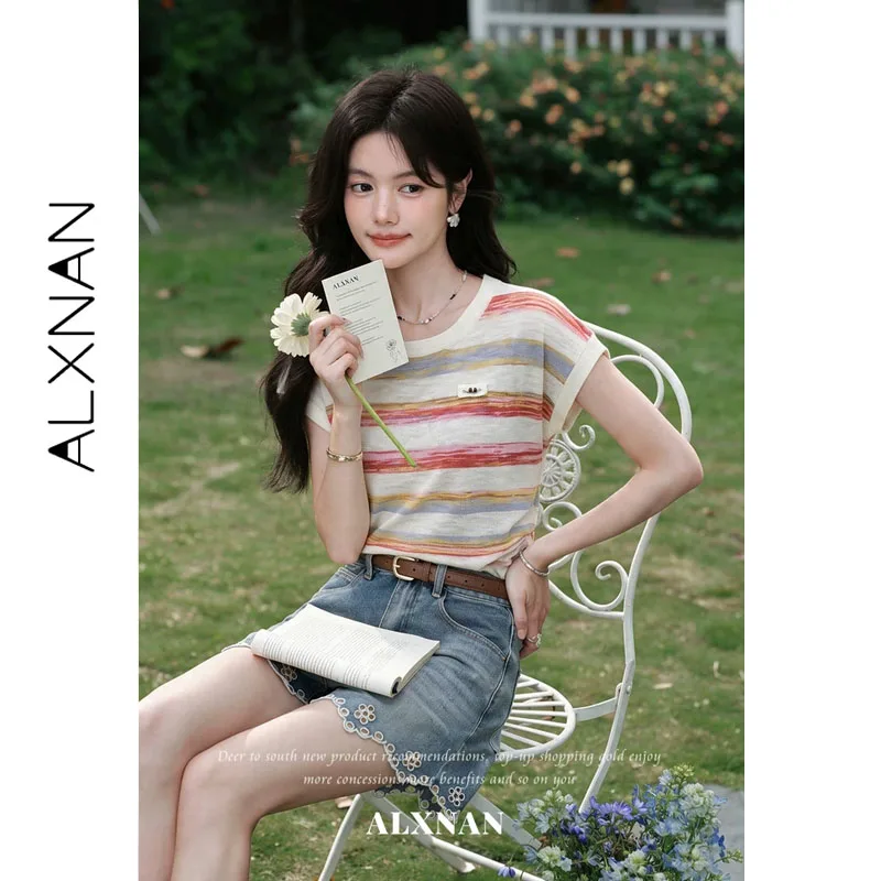 ALXNAN Color‑contrast Stripe T‑shirt Women Summer Short Sleeve Knit Top Casual Fashion Versatile Round Neck T‑shirts L673183A