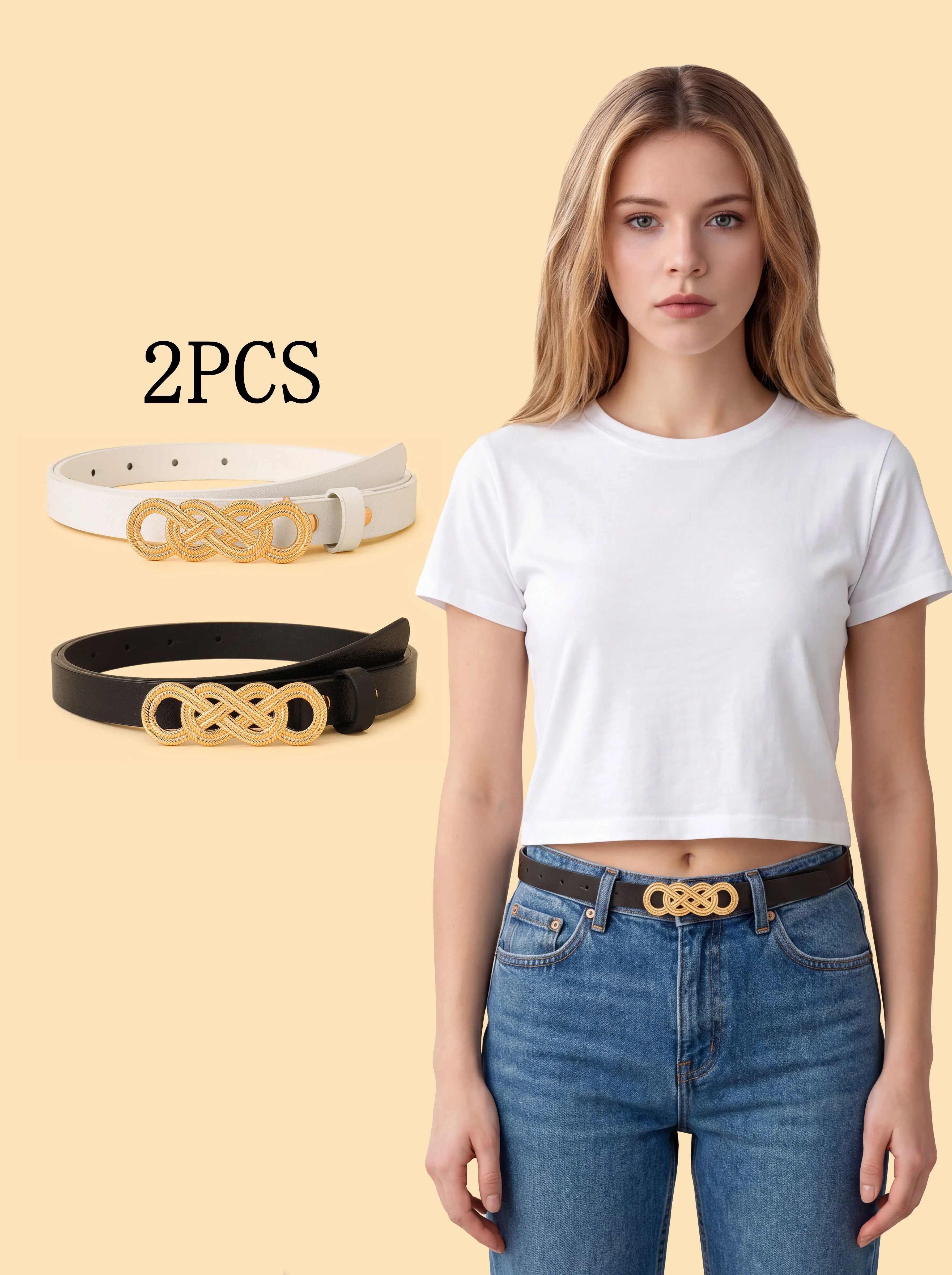 36/5000 2PCS Combination Women's New Chinese Knot Buckle Thin Belt High-grade PU Trouser Belt Jeans Dress Decorative Belt