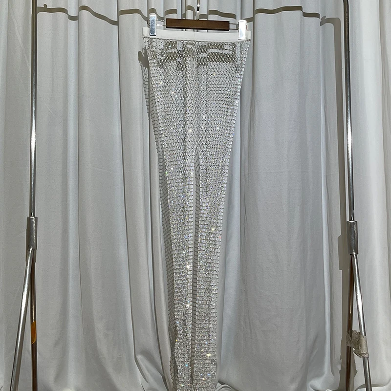 H80&S90 New Crystal Diamond Shiny Women Pants Fashion Hollow Out Mesh Wide Leg Trousers Sexy And Club See Through Beachwear