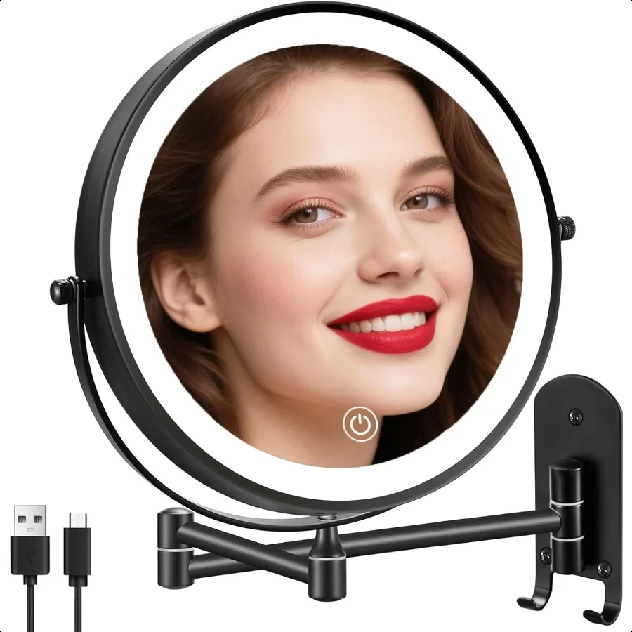 

9 Wall Mounted Lighted Makeup Mirror Rechargeable Double Sided 1X 10X Magnifying Mirror with 3 Color Lights Dimmable 360Swivel
