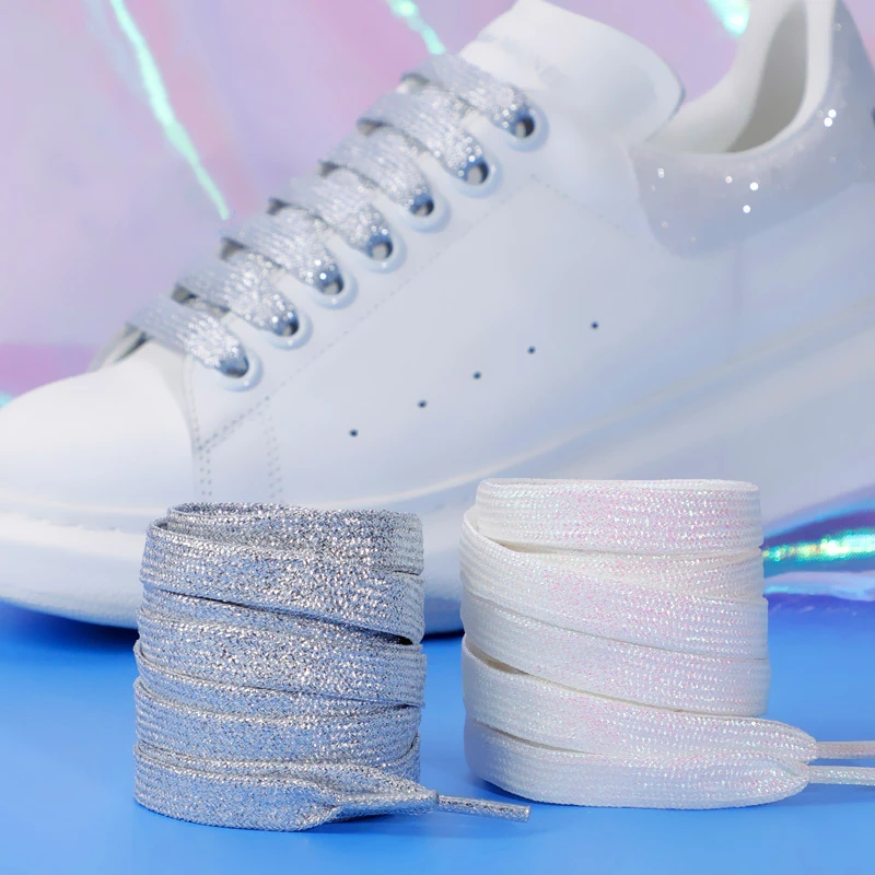 Fotografia 3: 1 Par de Cadarços de Glitter da Moda, Cadarços Planos Coloridos para Tênis Esportivos, Corrida, Botas, Cadarços de 1CM de Largura