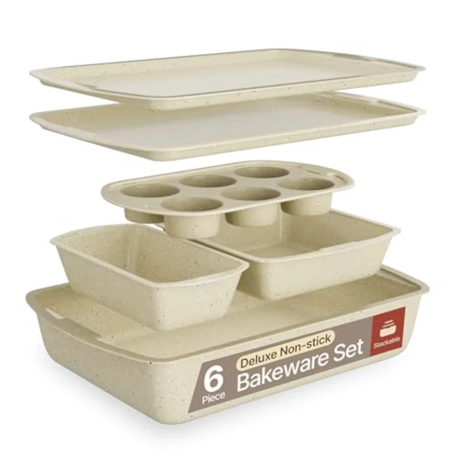 

Bakken Swiss - Bakeware Set 6 Piece Stackable Deluxe Non-Stick Baking Pans for Professional and Home Cooking Carbon Steel White