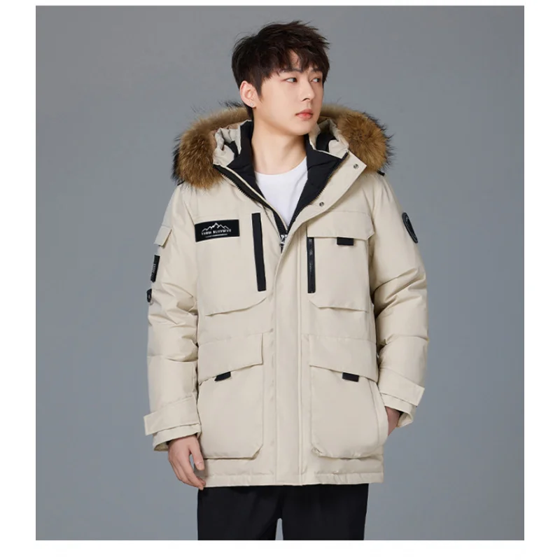 GIOIOMen's Down Jacket，Winter New Mid-Length Goose Down Filled Thickened Warm Workwear Down Parka，Men's Clothing