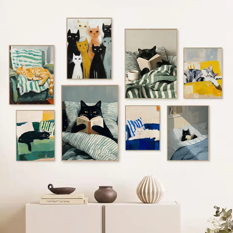 1 Stück rahmenloses Retro-Poster mit abstrakter schwarzer Katze, die ein Buch liest, gemütliches Haustier im Bett, Illustration, Leinwandgemälde, Wandkunst, Bilder, modern