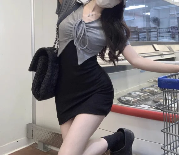 

Color Blocked Fake Two Piece V-Neck High Waist Hip Hugging Tight Short Skirt for Women's Summer Elegant Hip Hugging Dress