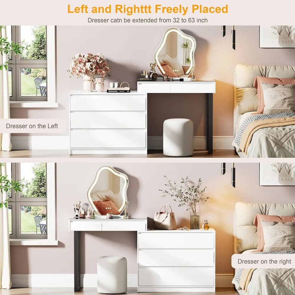 Bureau de coiffeuse moderne à plateau en verre en forme de L 58 avec miroir et éclairage, grande coiffeuse avec 2 tiroirs pour le maquillage et le coiffage