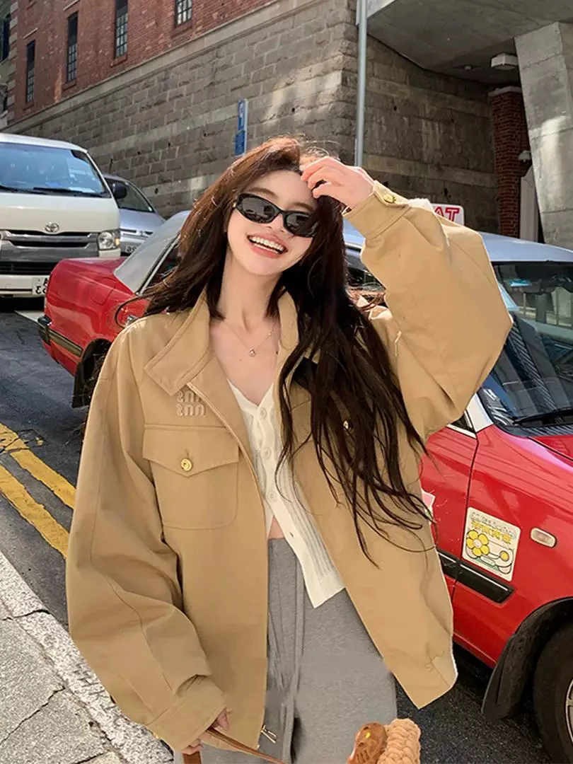 

i ort Coat Jaet Women's Spring Autumn Workwear Utili Zipper Stand Collar Jaet Cact Size Commuter Sle Loose Fit