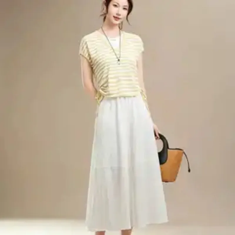 Women Striped Fake Two Piece Ruffle Top Solid Midi Skirt Slim Two Piece Outfit Plus Size