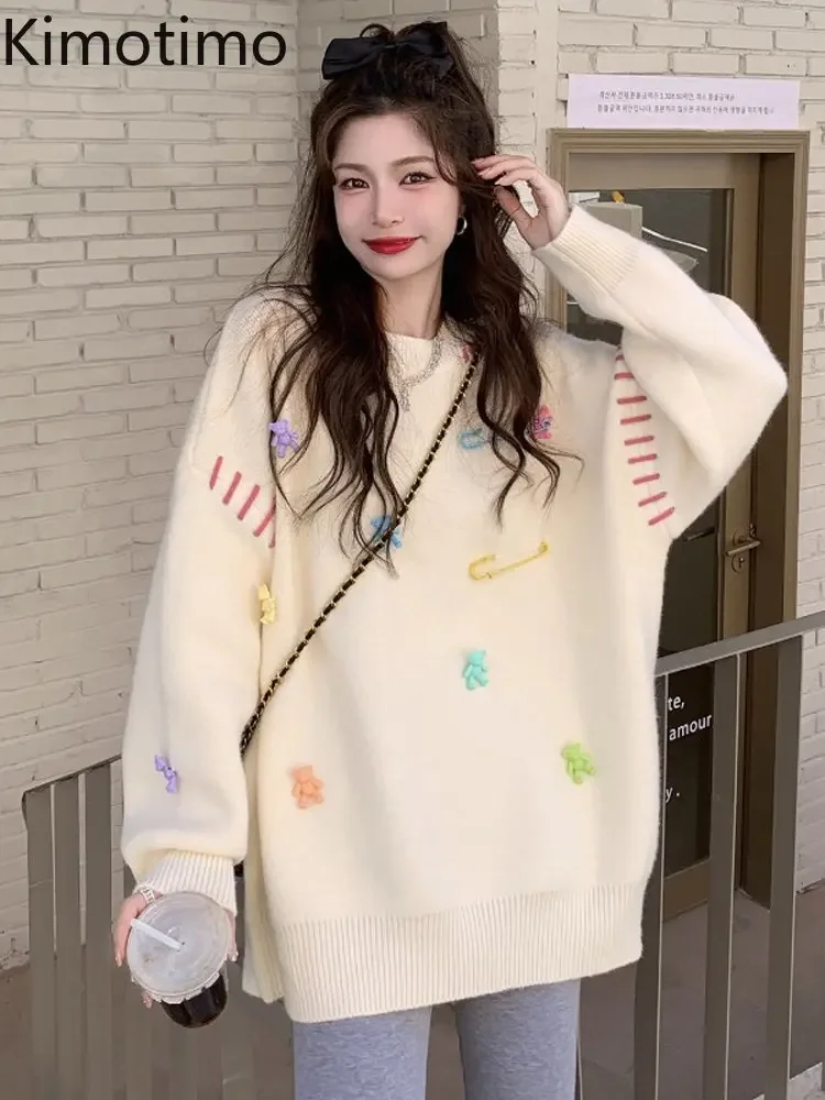 Kimotimo Colorful Bear Embroidery Sweater Women Autumn Winter Loose Round Neck Pullover Korean Fashion Design Lazy Knitted Tops