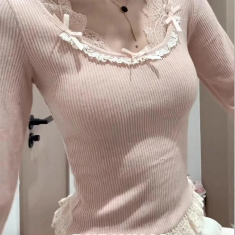 Sweet False Two Piece Long Sleeve Tops Women Kawaii  Pink Lace Patchwork Bow Ruffles Slim Tees Japanese 2026 Age Reducing Tops
