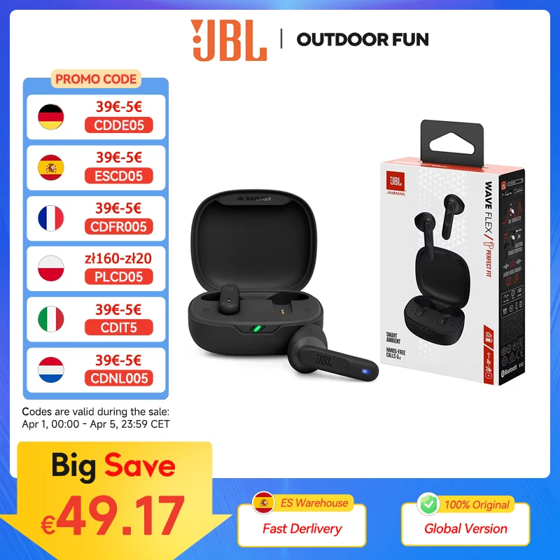 Auricolari Bluetooth Wireless JBL Wave Flex auricolari Wireless TWS JBL Deep Bass Sound auricolari