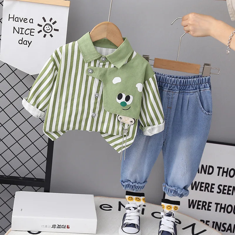 

Baby's Fashion Boys Outfit Set 2025 Korean Cute Vertical Striped Patchwork Eyes Long Sleeve Shirts and Pants Boy Infant Clothes