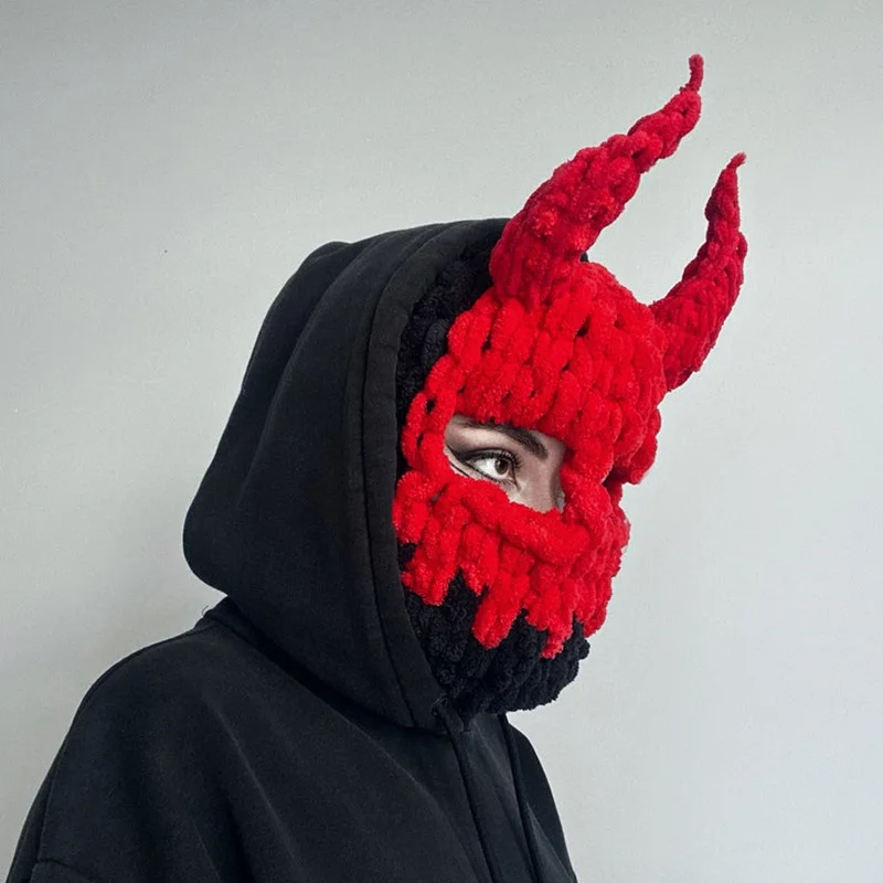 Novelty Knit Balaclava Hat Headgear For Women Men Devil Horns Cap Halloween Cosplay Costume Winter Warm Hat Props