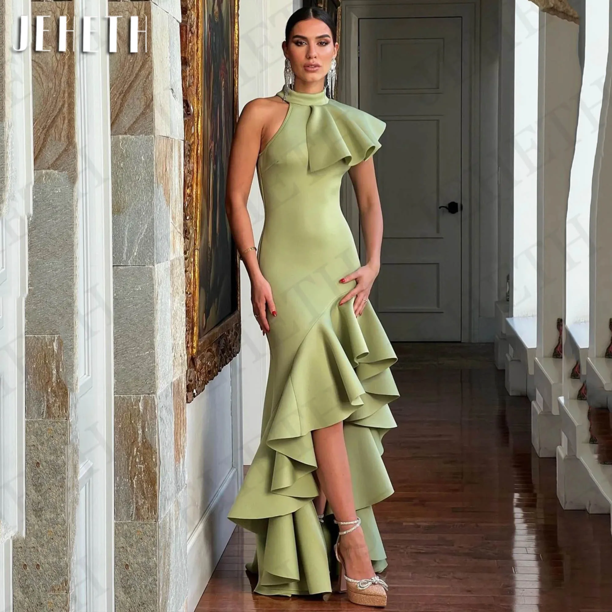 

JEHETH High Neck Mermaid Evening Dress Green Sexy High Low Ruffles One Shoulder Party Celebrity Dresses Women vestidos de fiesta