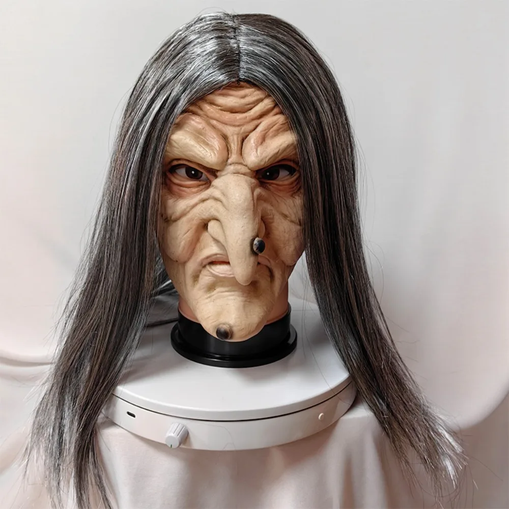 Latex Halloween Witch Head Cover Long Hair Reusable Granny Face Mask Soft General Old Ladies Cosplay Headdress Adult