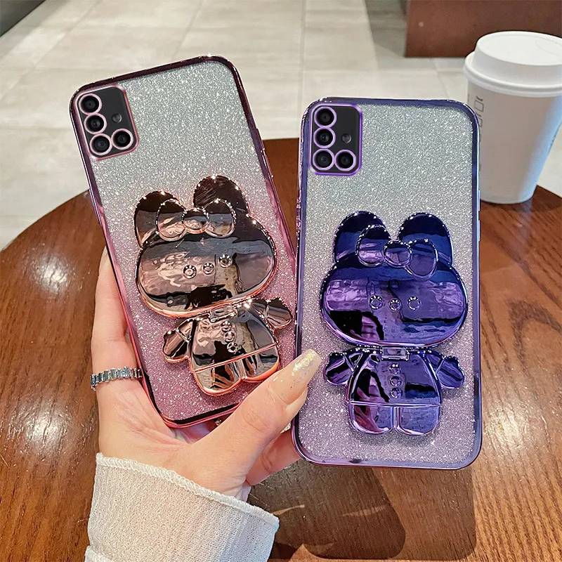 A71 4G Case For Samsung Galaxy A71 4G Luxury Gradient Glitter Makeup Mirror Rabbit Folding Stand Silicone Back Cover Samsung A71