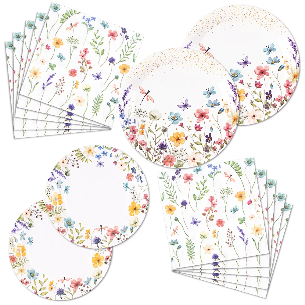 Suministros para fiestas de flores silvestres, platos y servilletas de papel, patrón de flores desechables, decoraciones florales para vajilla de cumpleaños para Baby Shower