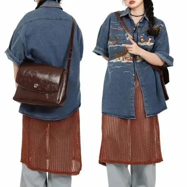 Vintage Embroidered Denim Shirt Short Sleeve Top for Women's Summer Harajuku Loose Coat Shirts New Couple Tops