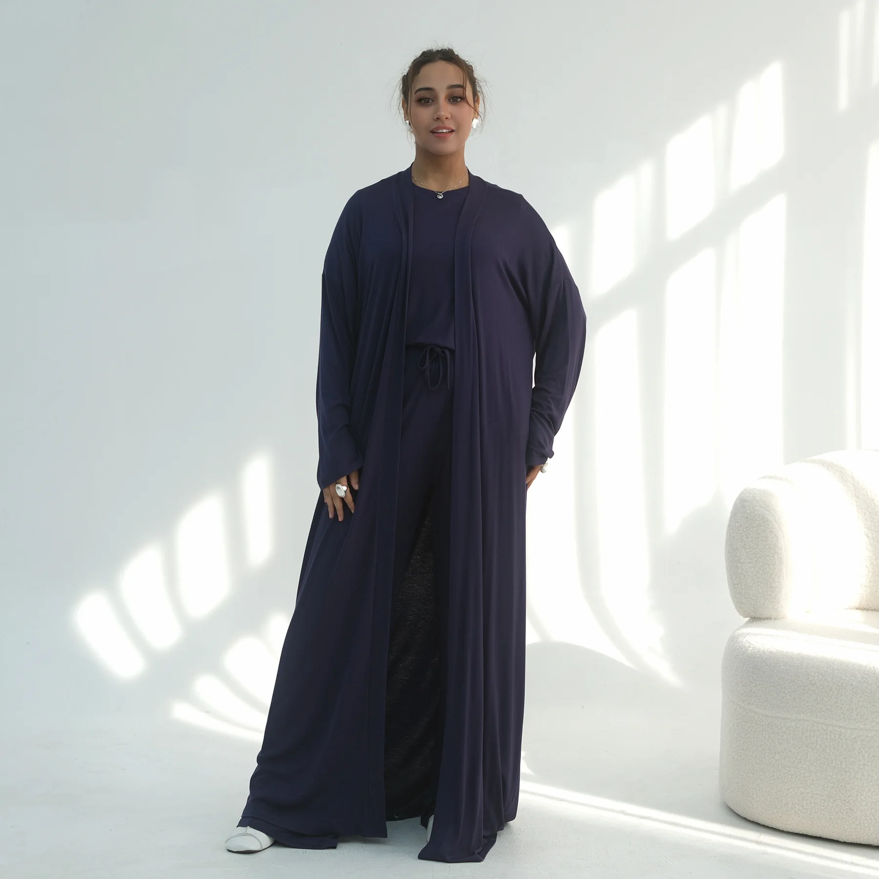 New Muslim Women 3 Pieces Outfit Set Long Open Cardigan Tank Top High Waist Wide Leg Pants Casual Soft Modest Loungewear Suit