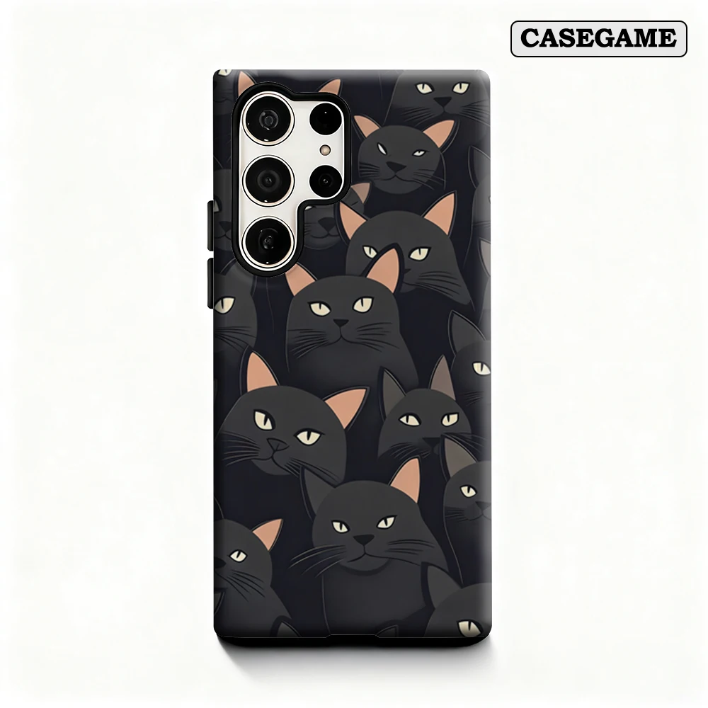 Casegame Phone Case for Samsung Galaxy S25 S26 Ultra S24 S23 Ultra Plus Shockproof Double Layer Dense Black Cats Cover