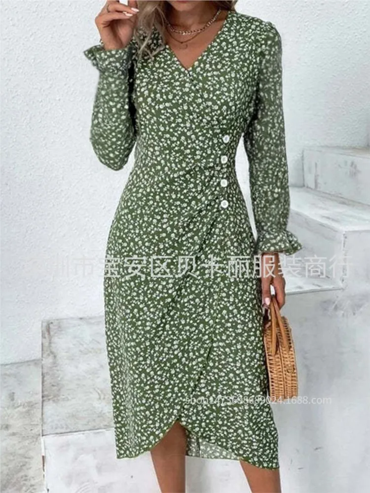 Abito con stampa Boho per donna Moda manica lunga con scollo a V Abiti pullover Lady Elegante ufficio per le vacanze Abbigliamento da donna Robe Femme