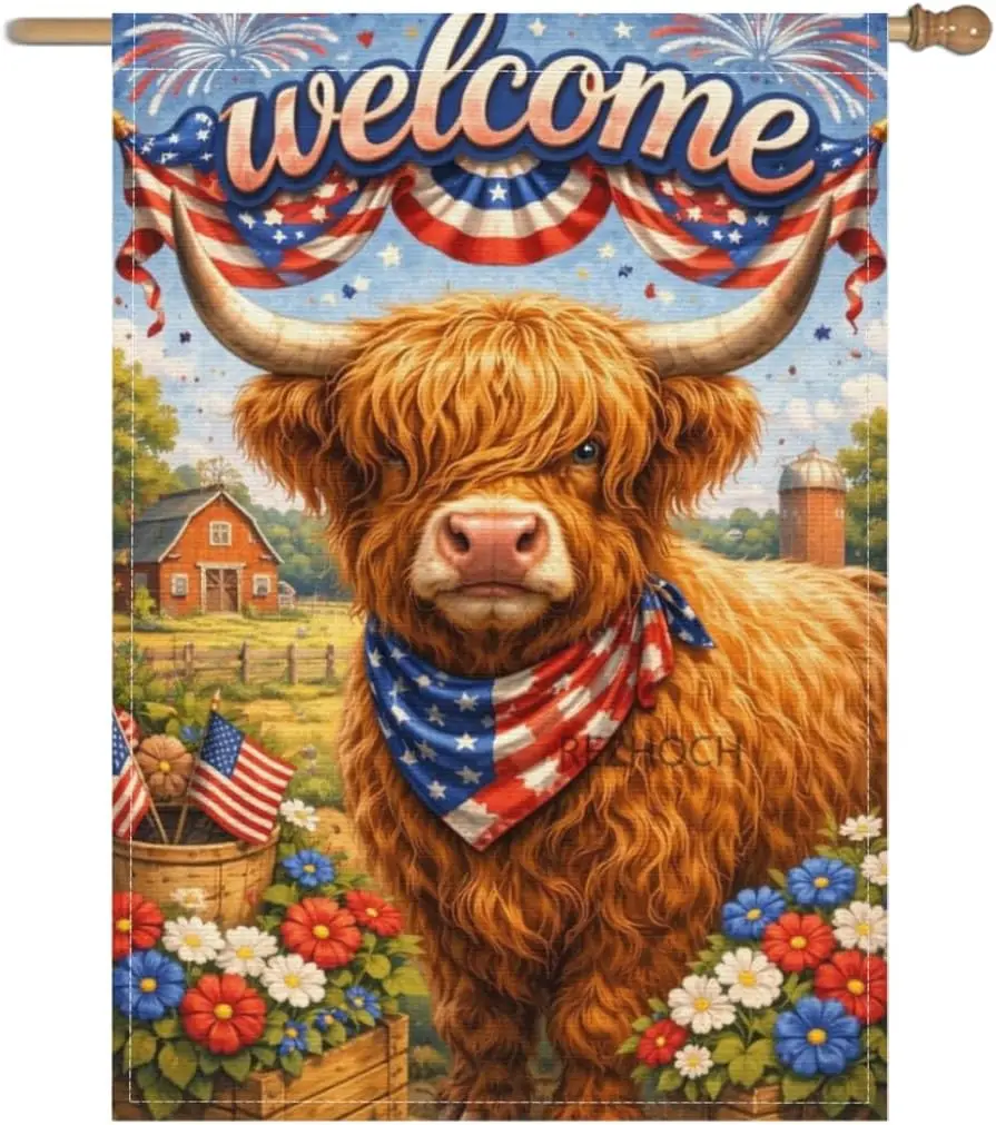 Independence Day Patriotic Highland Cow Welcome Garden Flag 28x40Inch,Cute Animal Outdoor Yard Flags,Red White Blue American AAS