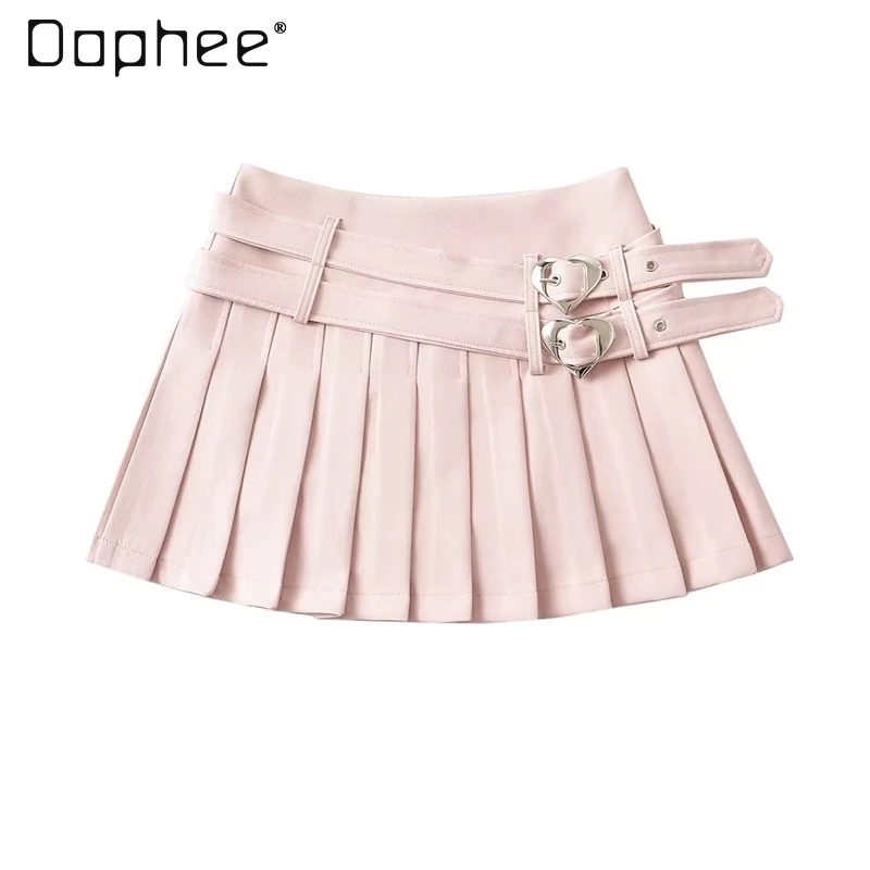 Cute Preppy Style High Waist Double Belt Pink Heart Buckle Skirt women Commuter All-Matching Anti-Exposure Pleated Mini Skirt